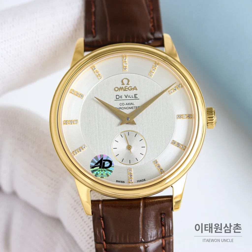 오메가 드빌 오토매틱 39mm 실버 다이얼 브라운 가죽 스트랩 골드 베젤 (2)