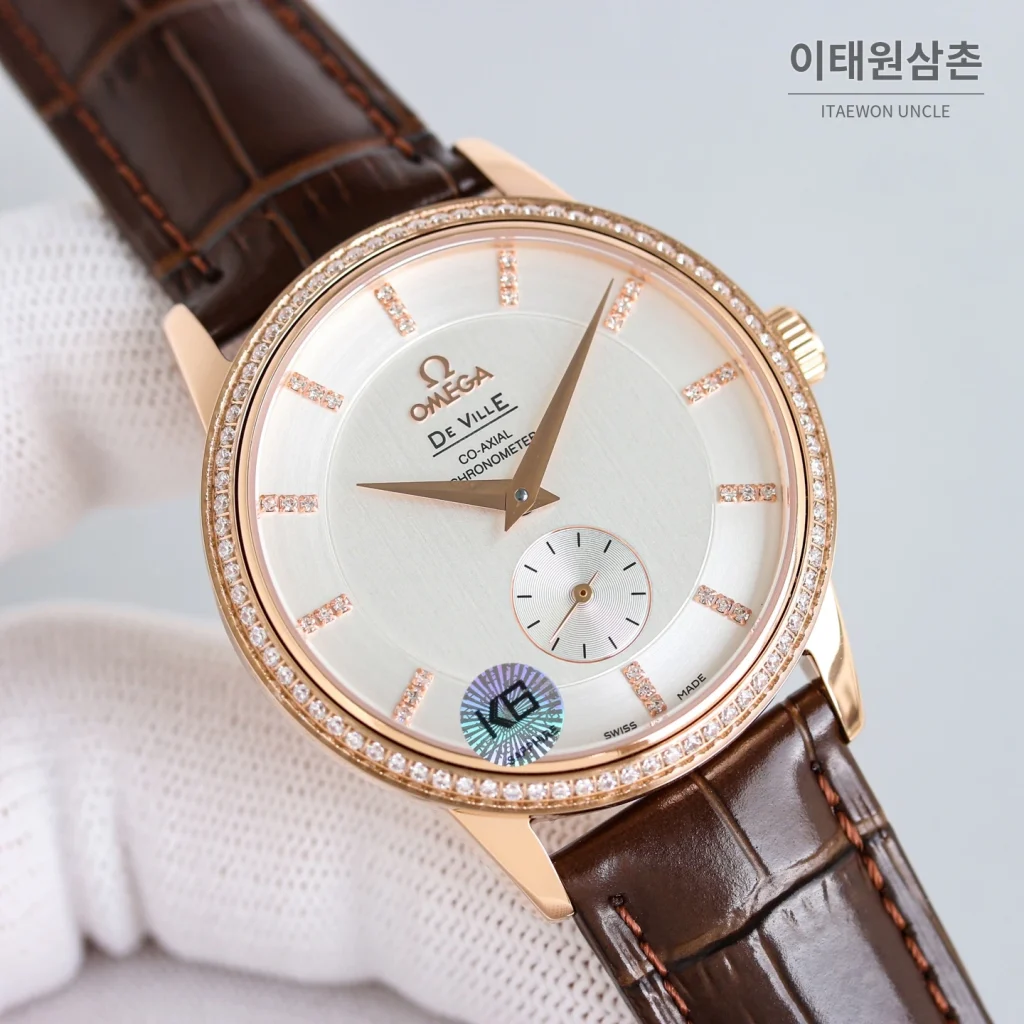 오메가 드빌 오토매틱 39mm 화이트 다이얼 브라운 가죽 스트랩 로즈골드 베젤