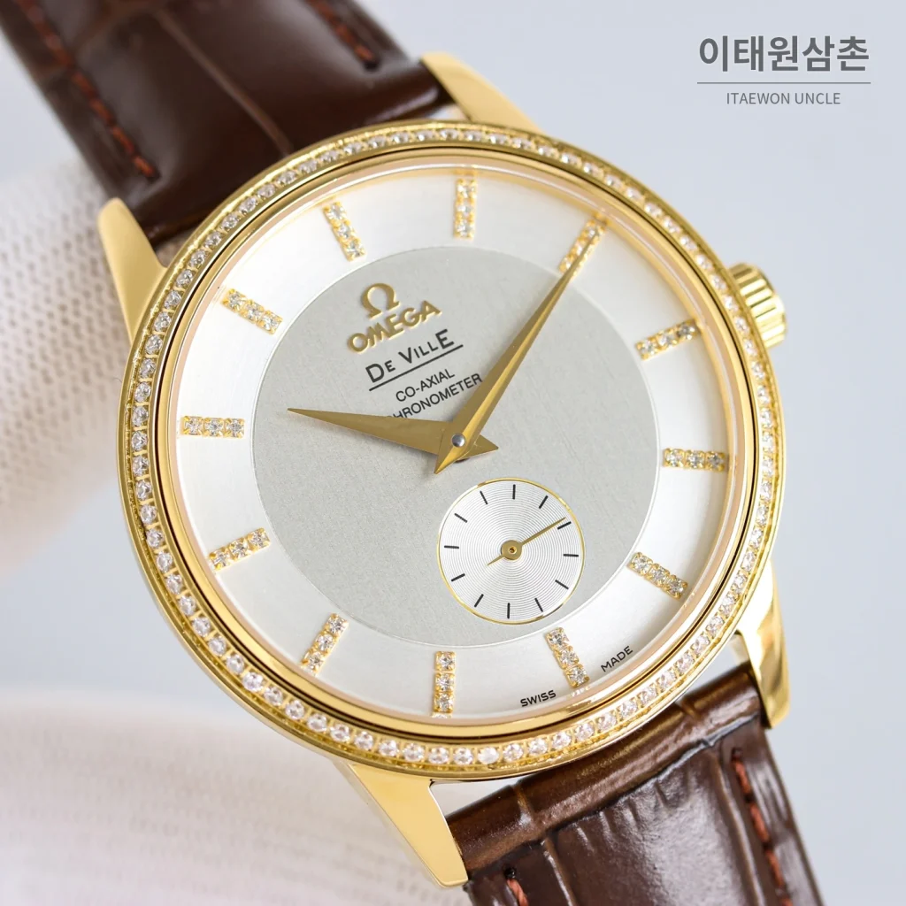 오메가 드빌 오토매틱 39mm 실버 다이얼 브라운 가죽 스트랩 골드 케이스