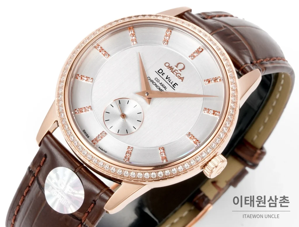 오메가 드빌 오토매틱 39mm 실버 다이얼 브라운 가죽 스트랩 로즈골드 베젤