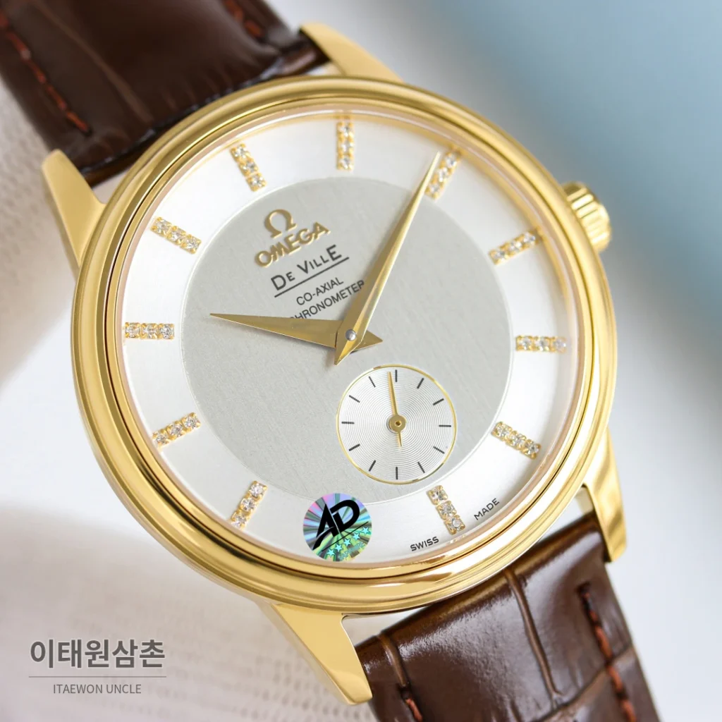 오메가 드빌 오토매틱 39mm 실버 다이얼 브라운 가죽 스트랩 골드 베젤 (2)