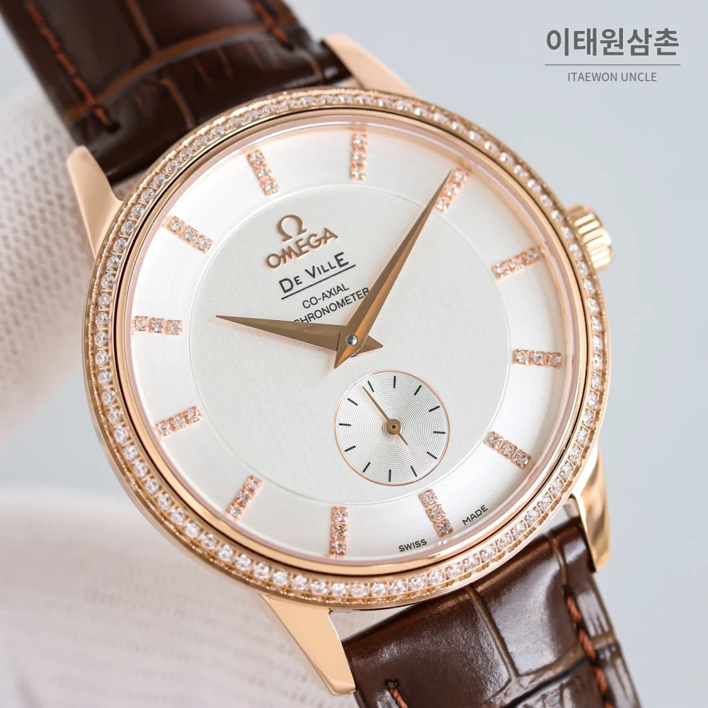 오메가 드빌 오토매틱 39mm 화이트 다이얼 브라운 가죽 스트랩 로즈골드 베젤