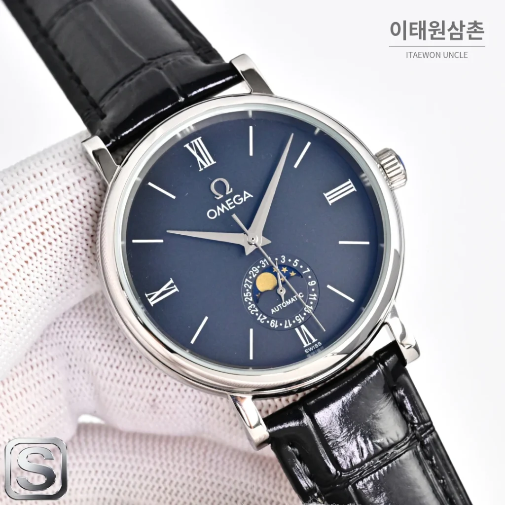 오메가 문페이즈 문앤스타 캘린더 가죽밴드 오토매틱 40mm R43 네이비 다이얼