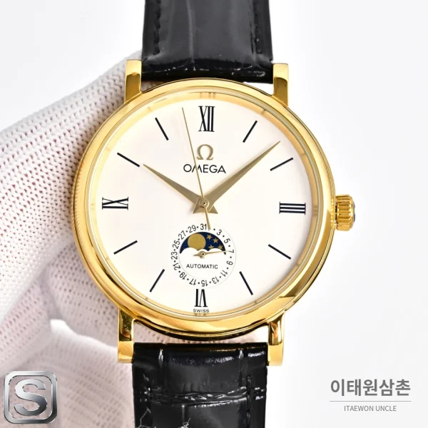 오메가 문페이즈 문앤스타 캘린더 가죽밴드 오토매틱 40mm R43 화이트 다이얼