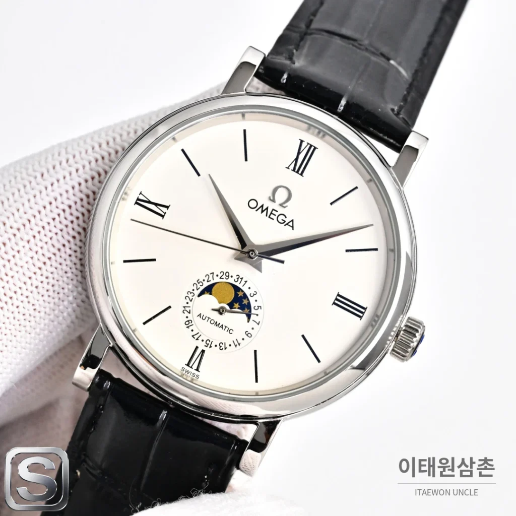 오메가 문페이즈 문앤스타 캘린더 가죽밴드 오토매틱 40mm R43 네이비 다이얼