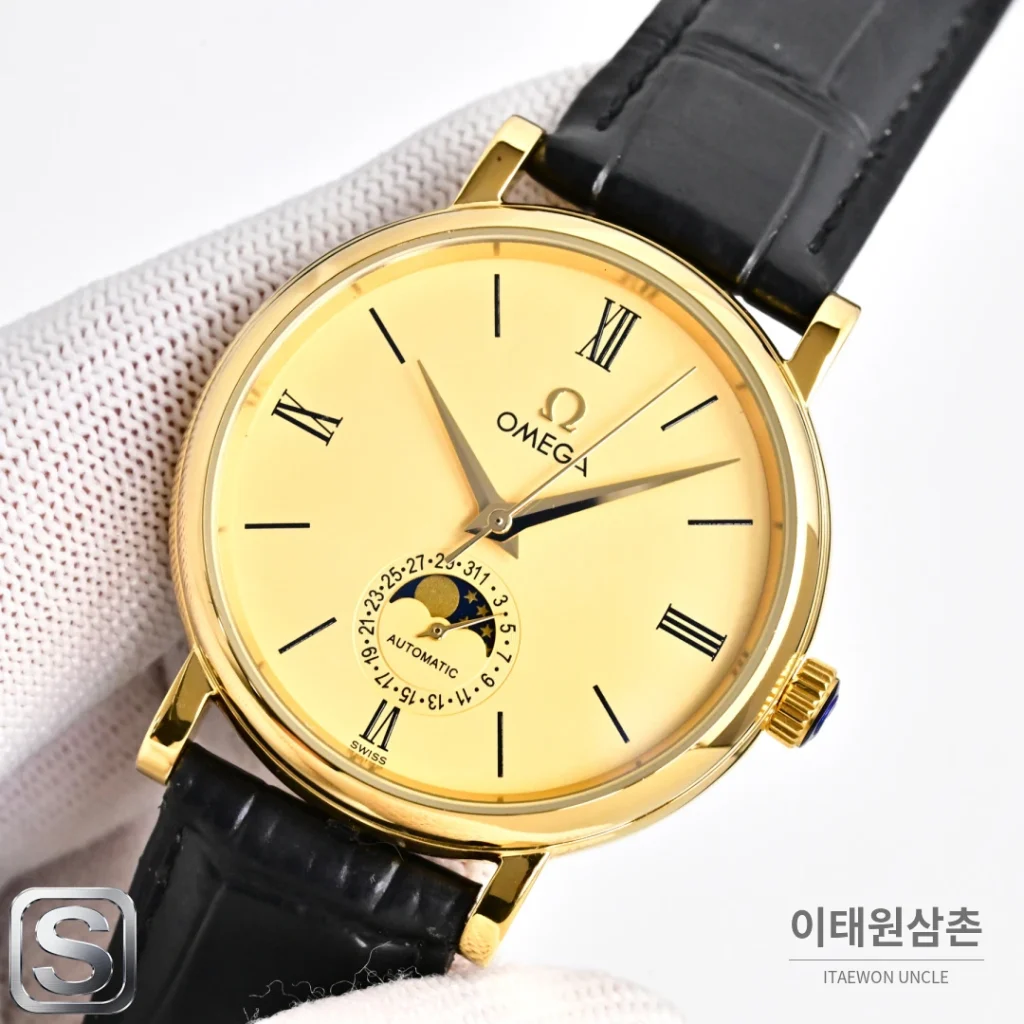 오메가 문페이즈 문앤스타 캘린더 가죽밴드 오토매틱 40mm R43 화이트 다이얼