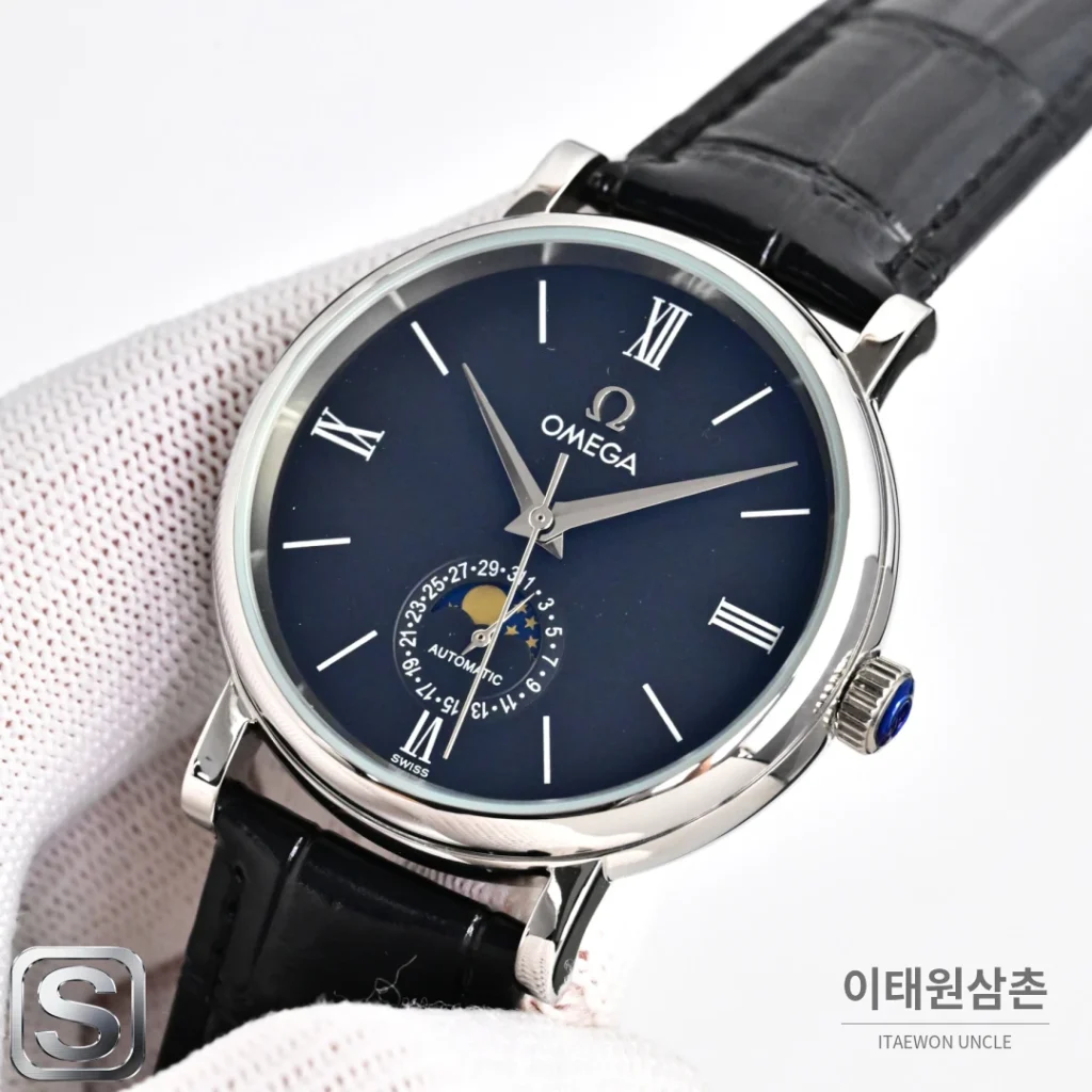 오메가 문페이즈 문앤스타 캘린더 가죽밴드 오토매틱 40mm R43 네이비 다이얼