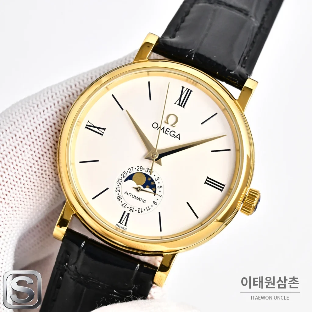 오메가 문페이즈 문앤스타 캘린더 가죽밴드 오토매틱 40mm R43 화이트 다이얼