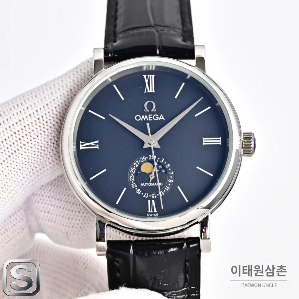 오메가 문페이즈 문앤스타 캘린더 가죽밴드 오토매틱 40mm R43 네이비 다이얼