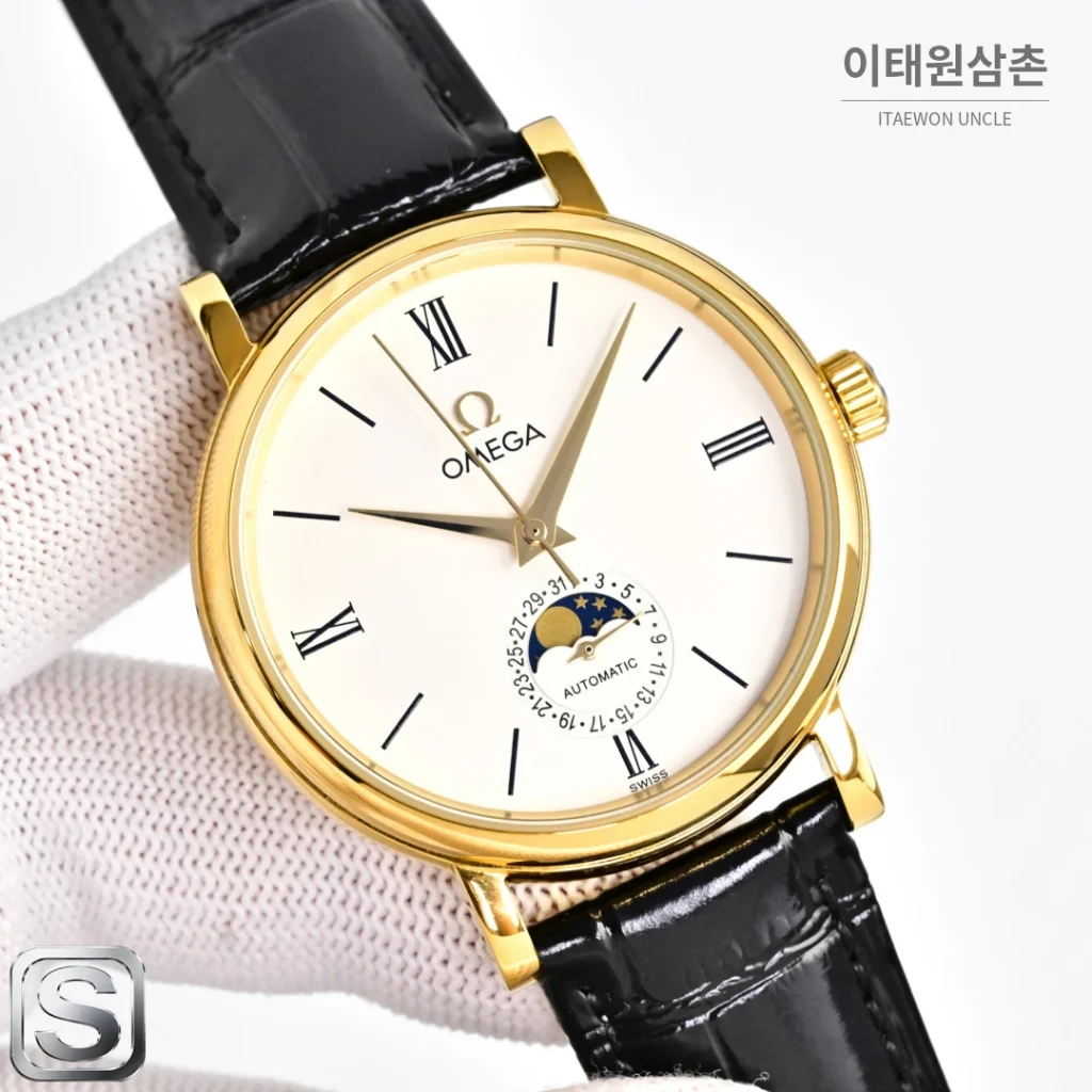 오메가 문페이즈 문앤스타 캘린더 가죽밴드 오토매틱 40mm R43 화이트 다이얼