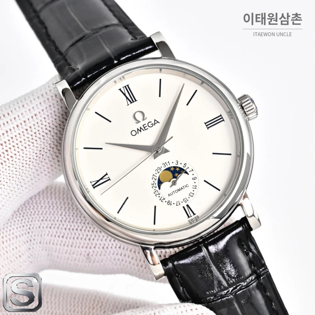 오메가 문페이즈 문앤스타 캘린더 가죽밴드 오토매틱 40mm R43 네이비 다이얼