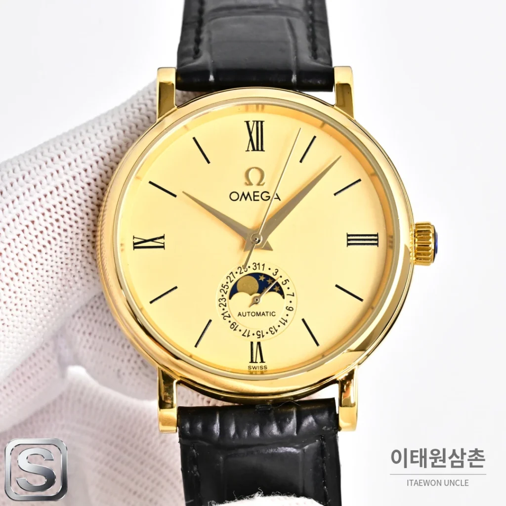 오메가 문페이즈 문앤스타 캘린더 가죽밴드 오토매틱 40mm R43 화이트 다이얼