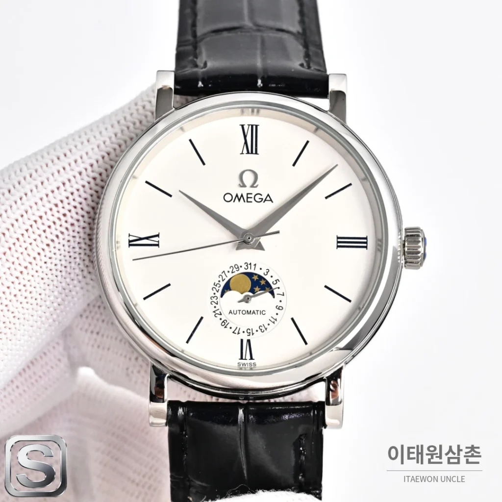오메가 문페이즈 문앤스타 캘린더 가죽밴드 오토매틱 40mm R43 네이비 다이얼