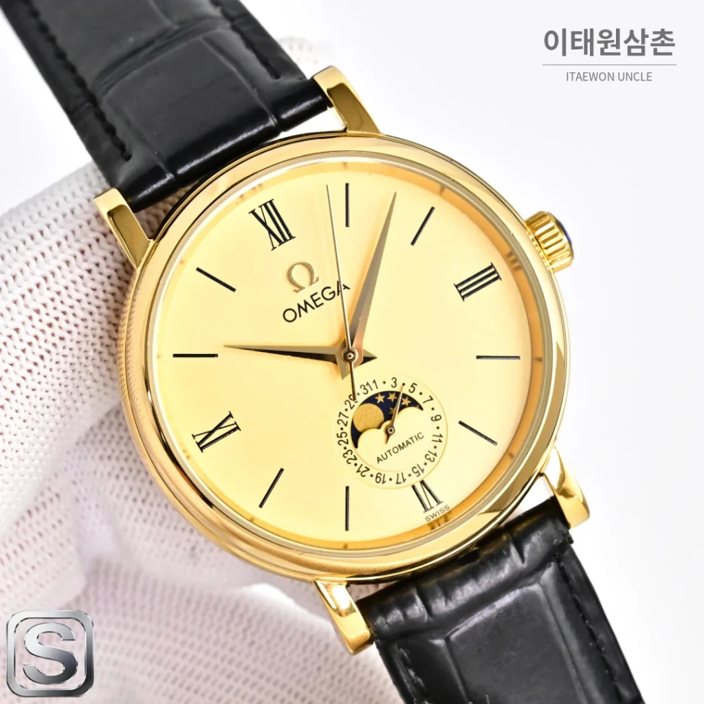 오메가 문페이즈 문앤스타 캘린더 가죽밴드 오토매틱 40mm R43 화이트 다이얼