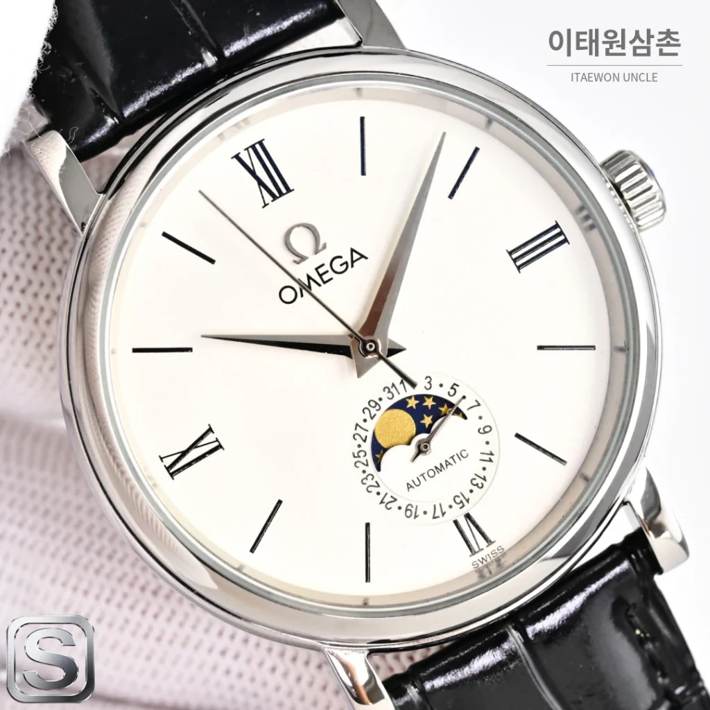 오메가 문페이즈 문앤스타 캘린더 가죽밴드 오토매틱 40mm R43 네이비 다이얼