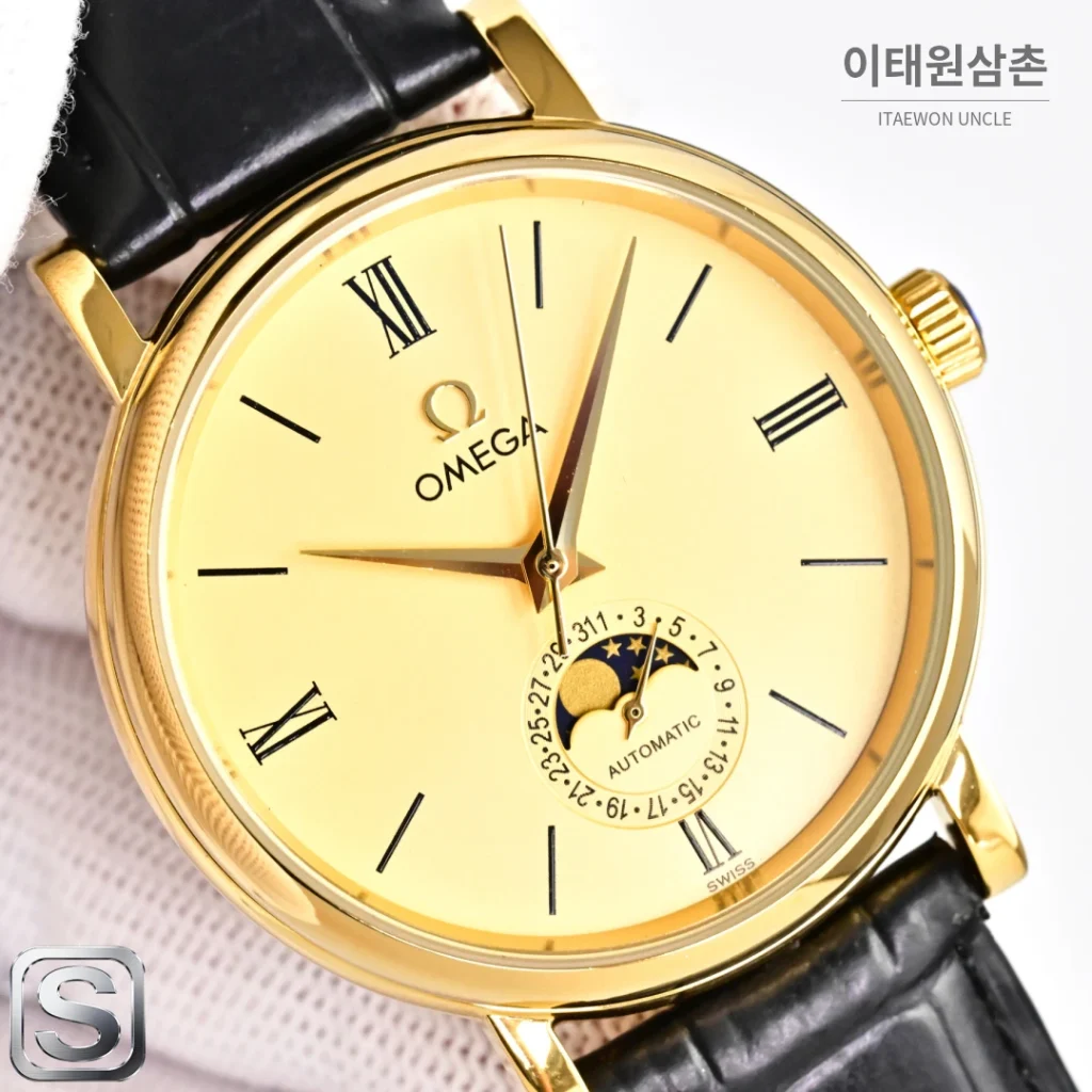 오메가 문페이즈 문앤스타 캘린더 가죽밴드 오토매틱 40mm R43 화이트 다이얼