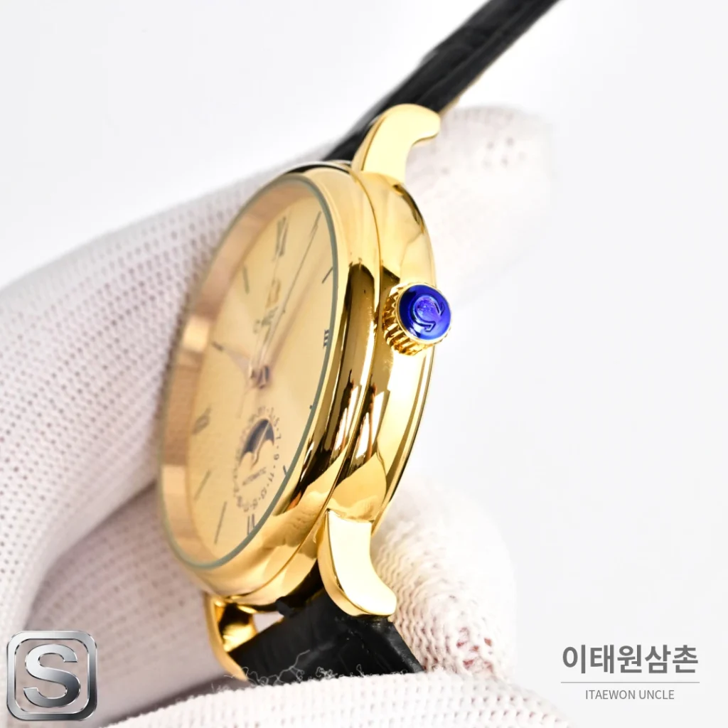 오메가 문페이즈 문앤스타 캘린더 가죽밴드 오토매틱 40mm R43 화이트 다이얼