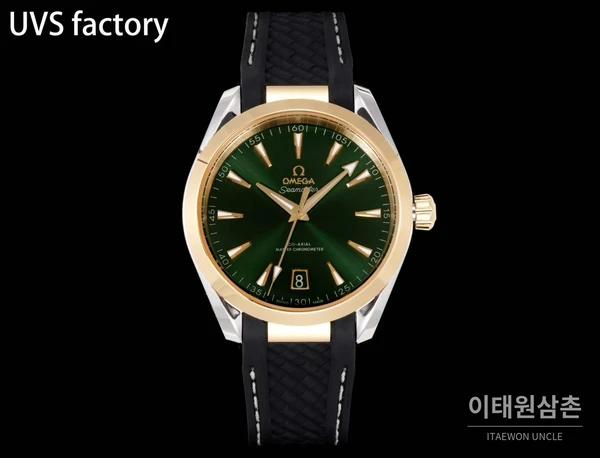 오메가 씨마스터 아쿠아 테라 150M 에나멜 그린다이얼 골드베젤 41mm 블랙 러버 스트랩