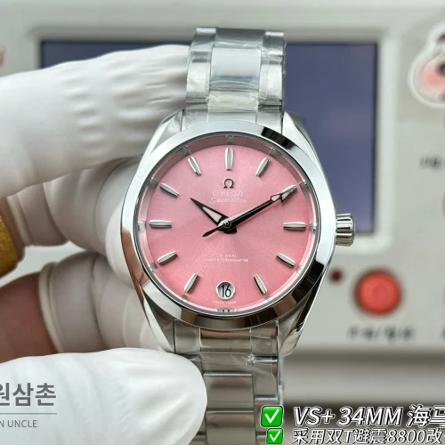 오메가 씨마스터 오토매틱 34mm 핑크 다이얼 스틸 브레이슬릿 오메가 씨마스터 오토매틱 34mm 핑크 다이얼 스틸 브레이슬릿