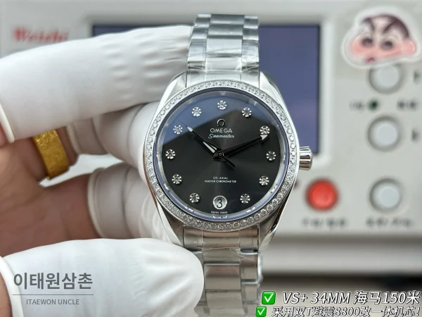 오메가 씨마스터 오토매틱 34mm 블랙 다이얼 스틸 브레이슬릿 실버 베젤