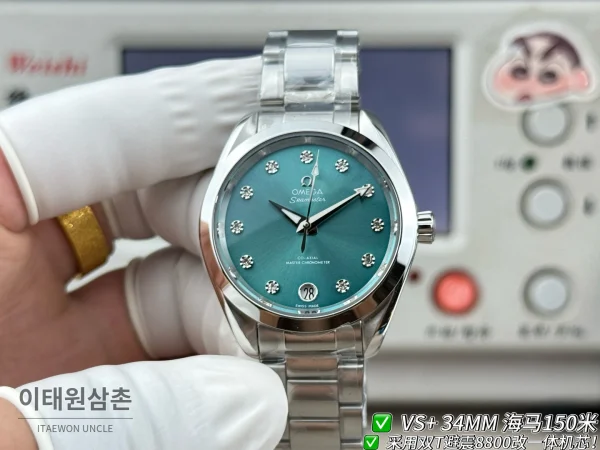 오메가 씨마스터 오토매틱 34mm 민트 다이얼 스틸 브레이슬릿 (2)