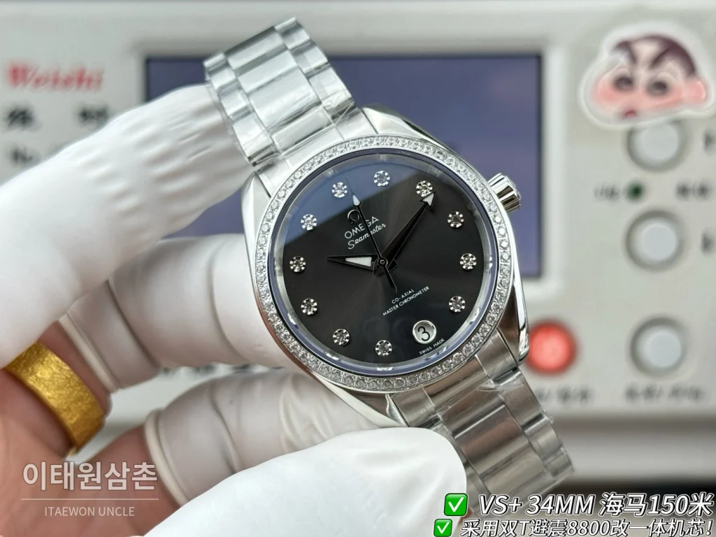오메가 씨마스터 오토매틱 34mm 블랙 다이얼 스틸 브레이슬릿 실버 베젤