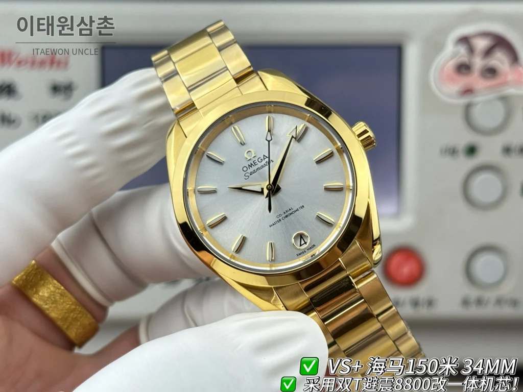 오메가 씨마스터 오토매틱 34mm 실버 다이얼 골드 브레이슬릿 골드 케이스