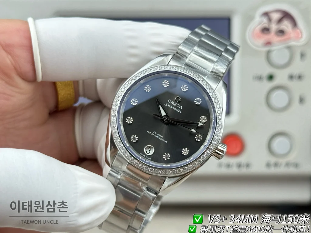 오메가 씨마스터 오토매틱 34mm 블랙 다이얼 스틸 브레이슬릿 실버 베젤