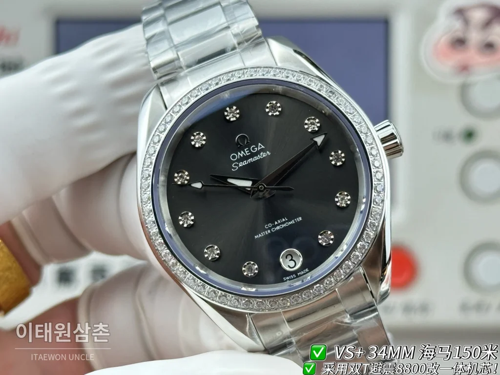 오메가 씨마스터 오토매틱 34mm 블랙 다이얼 스틸 브레이슬릿 실버 베젤