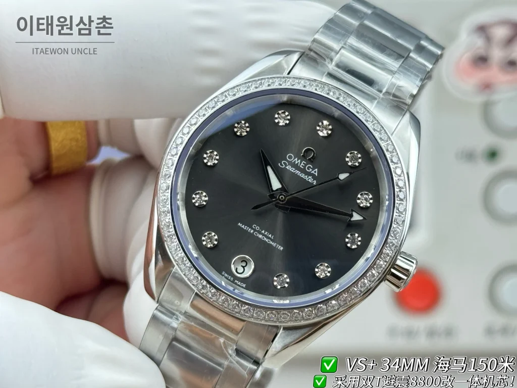 오메가 씨마스터 오토매틱 34mm 블랙 다이얼 스틸 브레이슬릿 실버 베젤