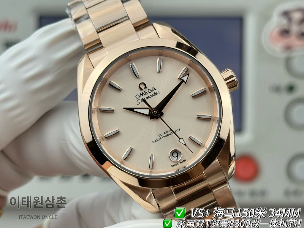 오메가 씨마스터 오토매틱 34mm 샴페인 다이얼 로즈골드 브레이슬릿 로즈골드 케이스