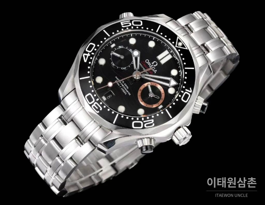 오메가 씨마스터 다이버 300M 007 퍼스트 라이트 블랙 세라믹 스틸 크로노그래프 시계 44mm