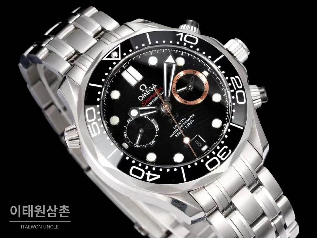 오메가 씨마스터 다이버 300M 007 퍼스트 라이트 블랙 세라믹 스틸 크로노그래프 시계 44mm