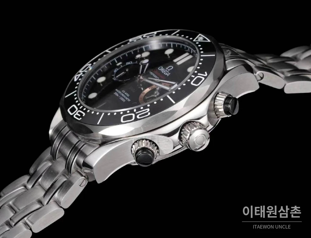 오메가 씨마스터 다이버 300M 007 퍼스트 라이트 블랙 세라믹 스틸 크로노그래프 시계 44mm