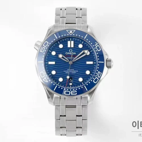 오메가 씨마스터 다이버 300M 블랙 세라믹 웨이브 다이얼 오토매틱 42mm 스틸 브레이슬릿 블루 베젤