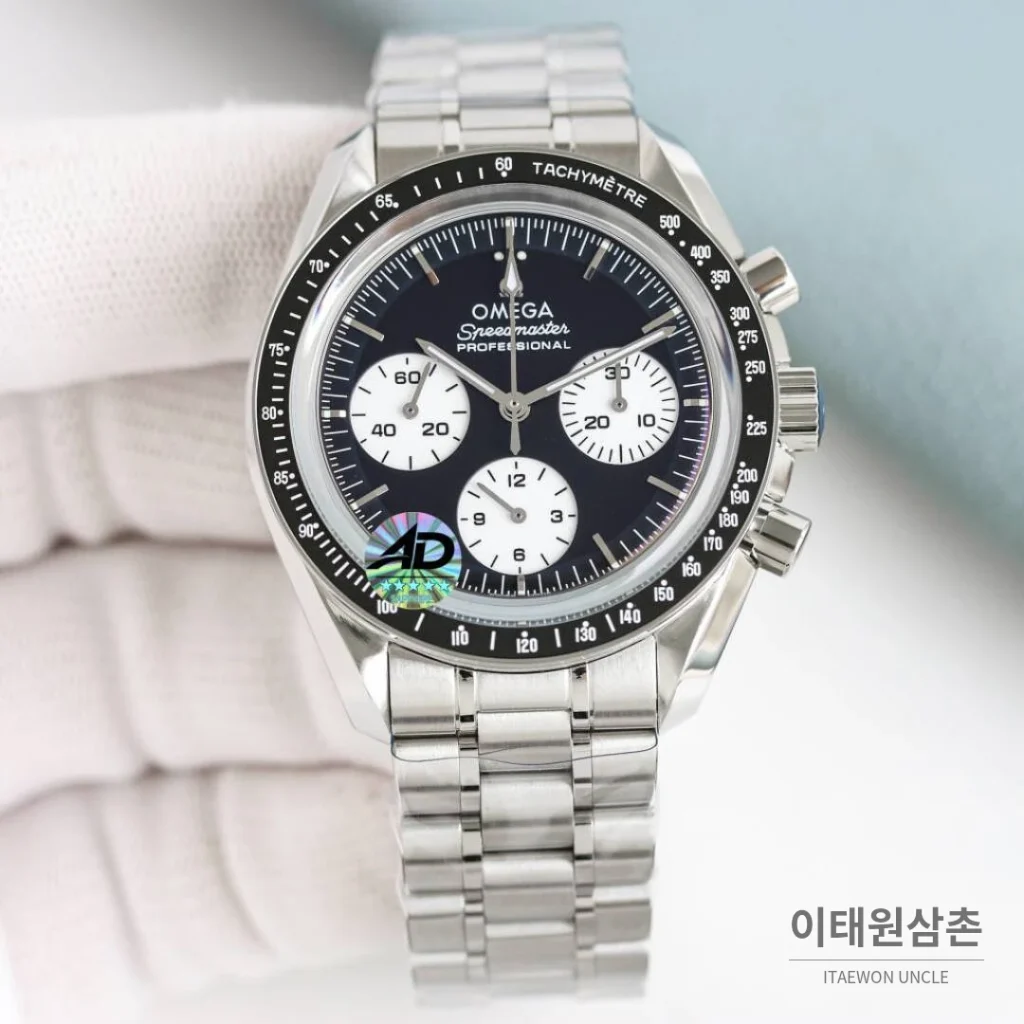 오메가 스피드마스터 문워치 리버스 팬더 크로노그래프 매뉴얼 42mm 블랙 다이얼 스틸 브레이슬릿