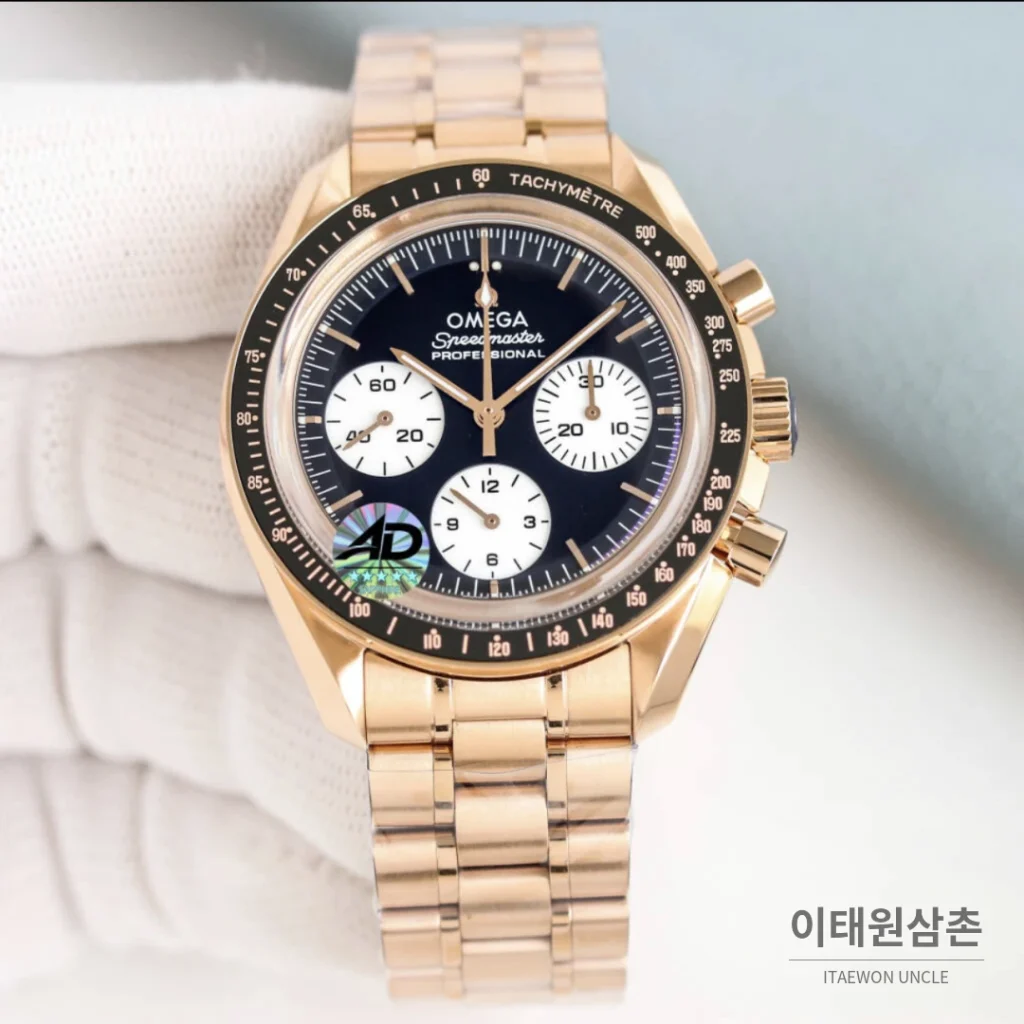 오메가 스피드마스터 문워치 리버스 팬더 크로노그래프 매뉴얼 42mm 블랙 다이얼 로즈골드 브레이슬릿