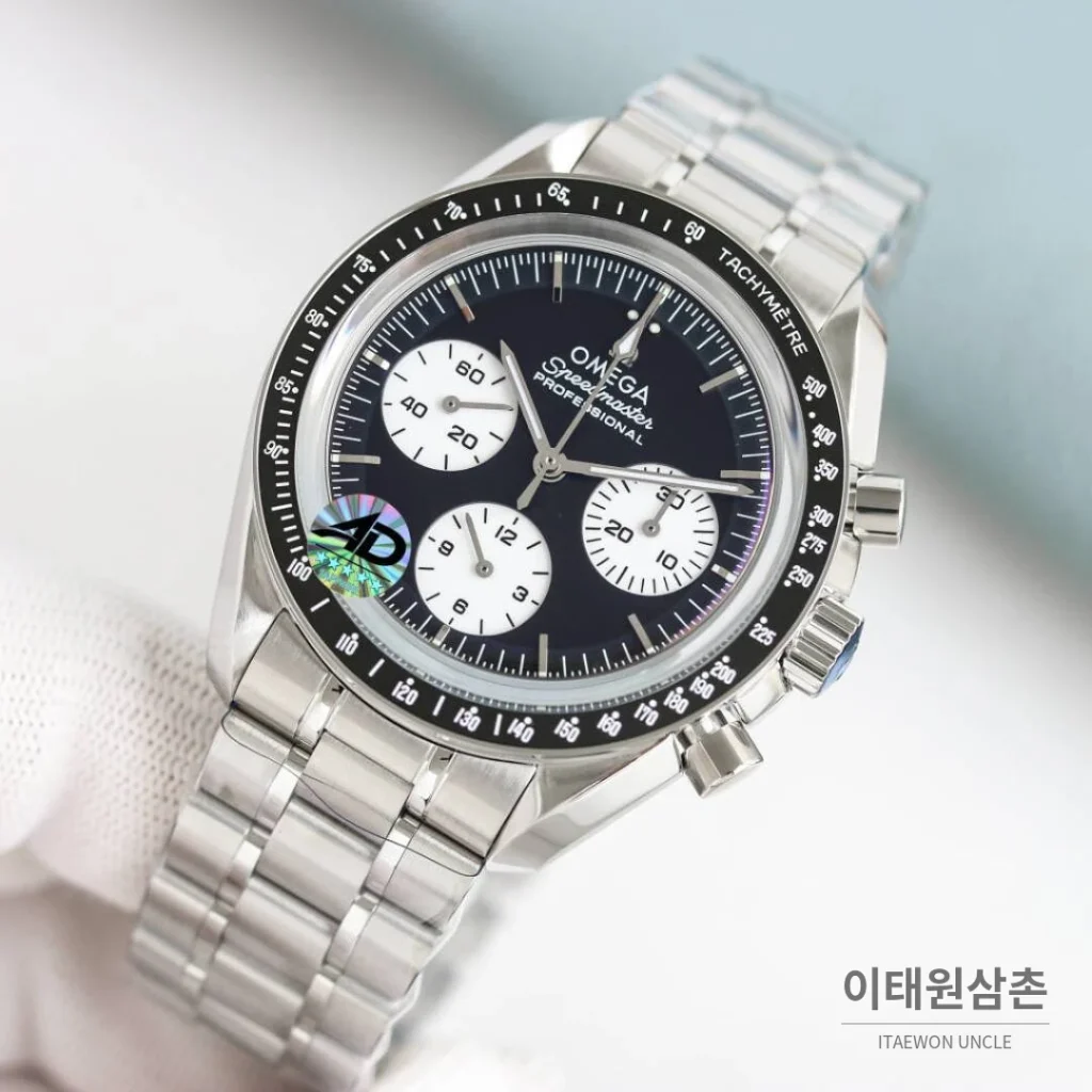오메가 스피드마스터 문워치 리버스 팬더 크로노그래프 매뉴얼 42mm 블랙 다이얼 스틸 브레이슬릿