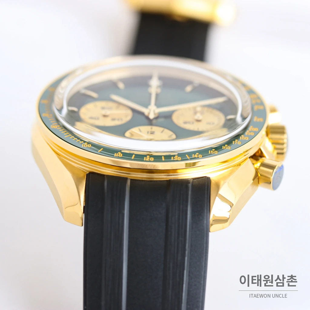 오메가 스피드마스터 프로페셔널 샴페인골드 그린다이얼 크로노그래프 수동 러버밴드 42mm