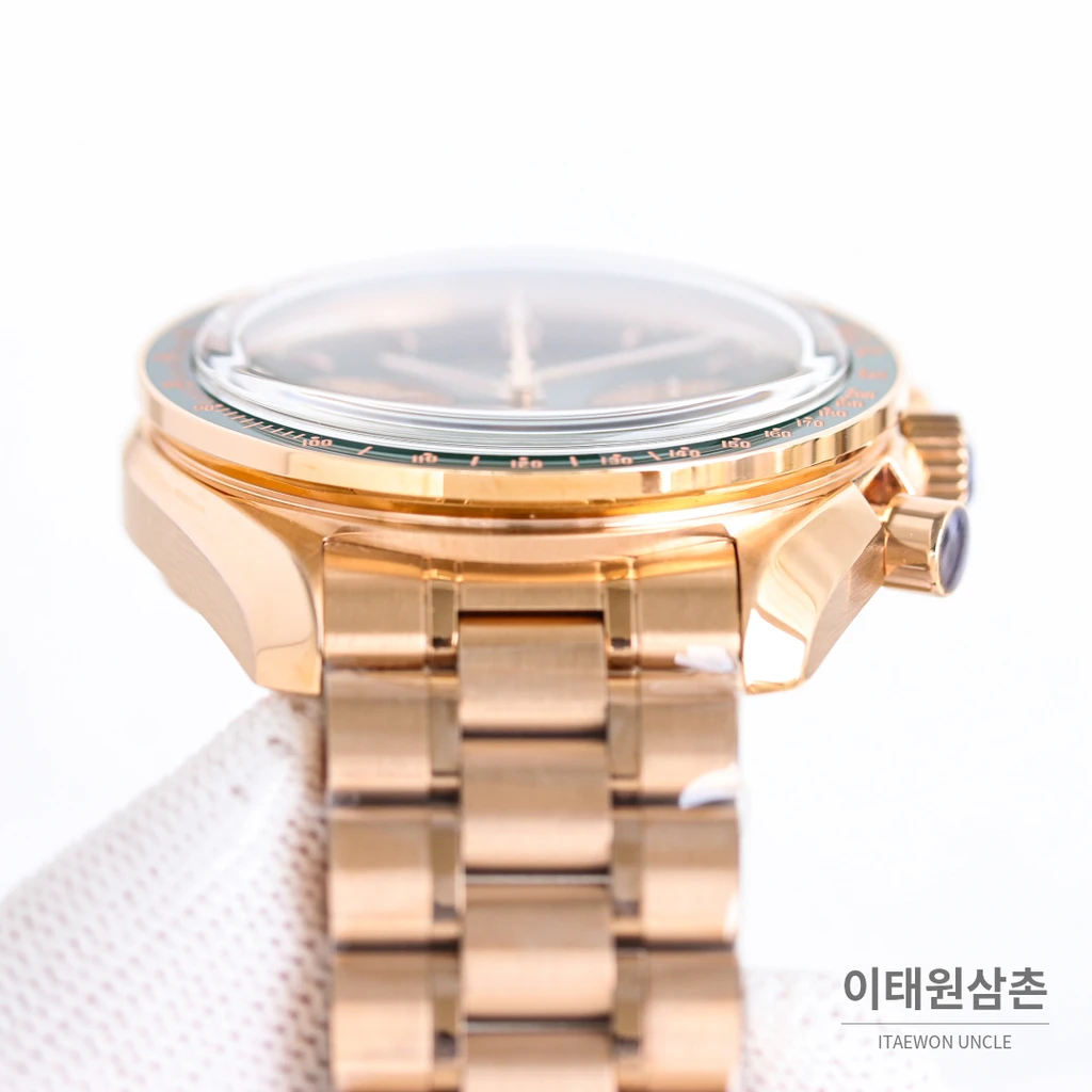 오메가 스피드마스터 프로페셔널 문샤인골드 로즈골드베젤 그린다이얼 크로노그래프 수동 42mm