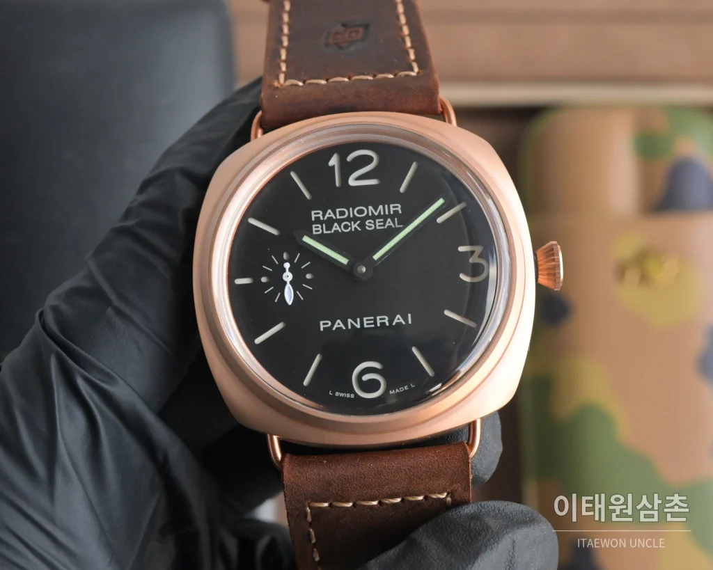 파네라이 루미노르 스틸 샌드위치 다이얼 수동 메커니컬 44mm 블랙 브라운 가죽 스트랩 (3)