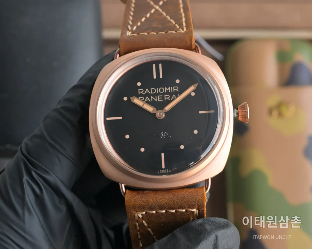 파네라이 루미노르 스틸 샌드위치 다이얼 수동 메커니컬 44mm 블랙 브라운 가죽 스트랩 (3)
