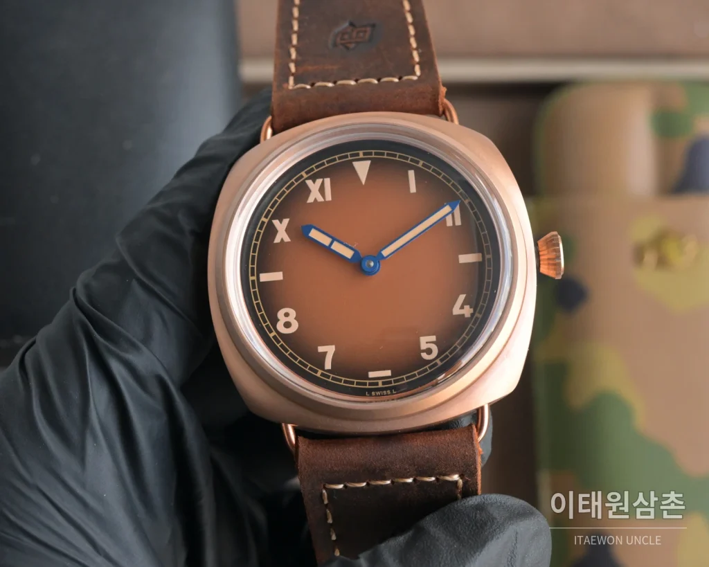 파네라이 루미노르 스틸 샌드위치 다이얼 수동 메커니컬 44mm 블랙 브라운 가죽 스트랩 (3)