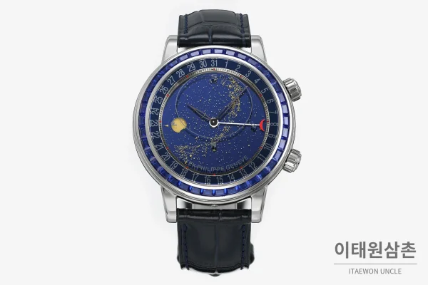 파텍필립 6104 오토매틱 44mm 네이비 다이얼 블랙 가죽 스트랩