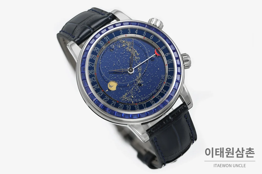파텍필립 6104 오토매틱 44mm 네이비 다이얼 블랙 가죽 스트랩