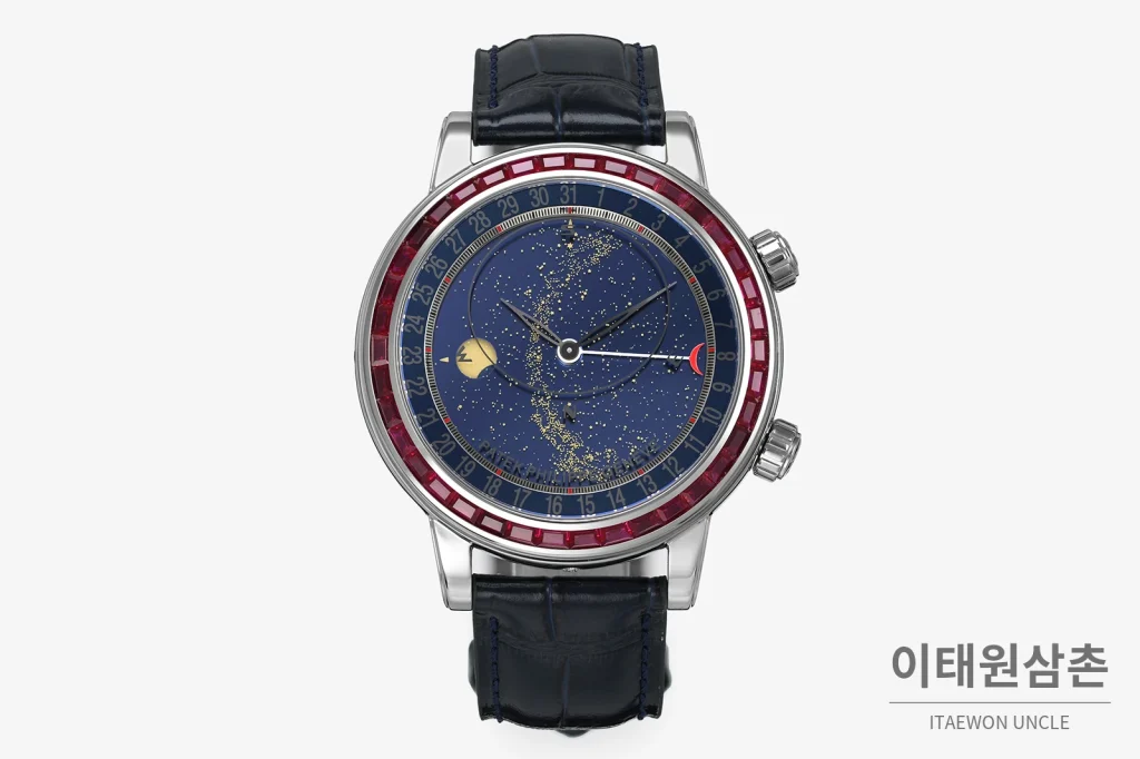 파텍필립 6104 오토매틱 44mm 네이비 다이얼 네이비 가죽 스트랩