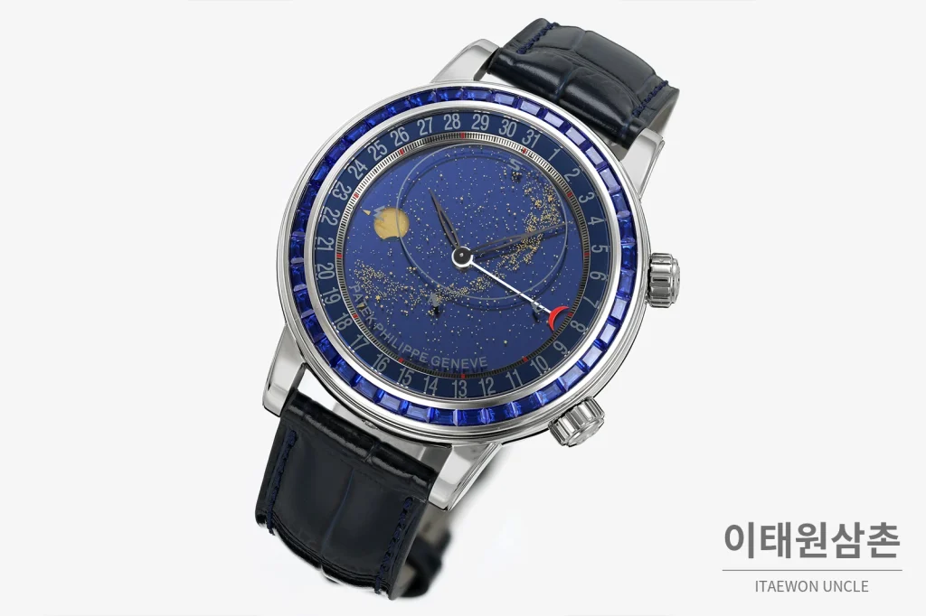 파텍필립 6104 오토매틱 44mm 네이비 다이얼 블랙 가죽 스트랩
