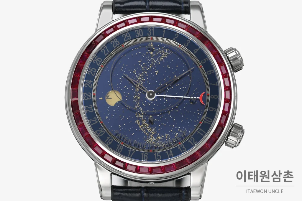 파텍필립 6104 오토매틱 44mm 네이비 다이얼 네이비 가죽 스트랩
