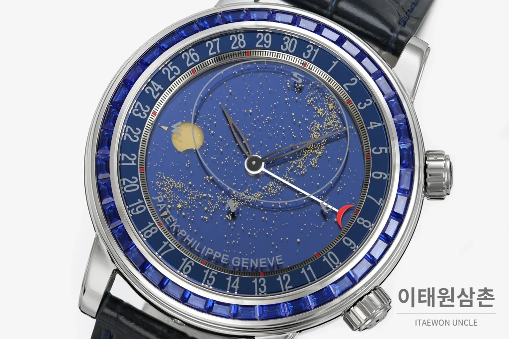 파텍필립 6104 오토매틱 44mm 네이비 다이얼 블랙 가죽 스트랩