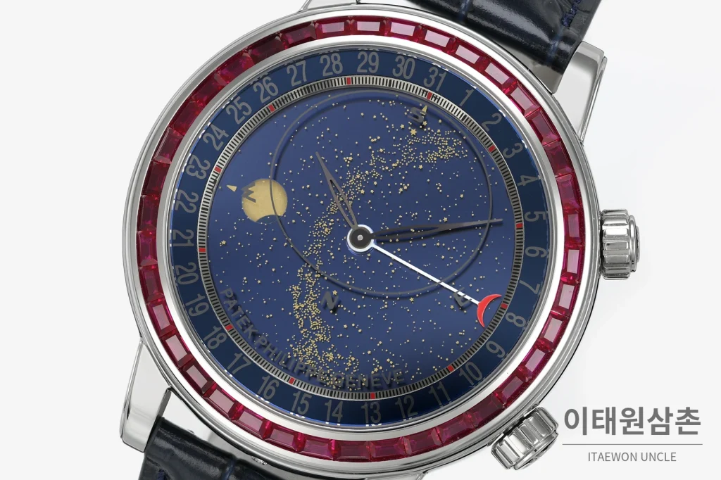 파텍필립 6104 오토매틱 44mm 네이비 다이얼 네이비 가죽 스트랩